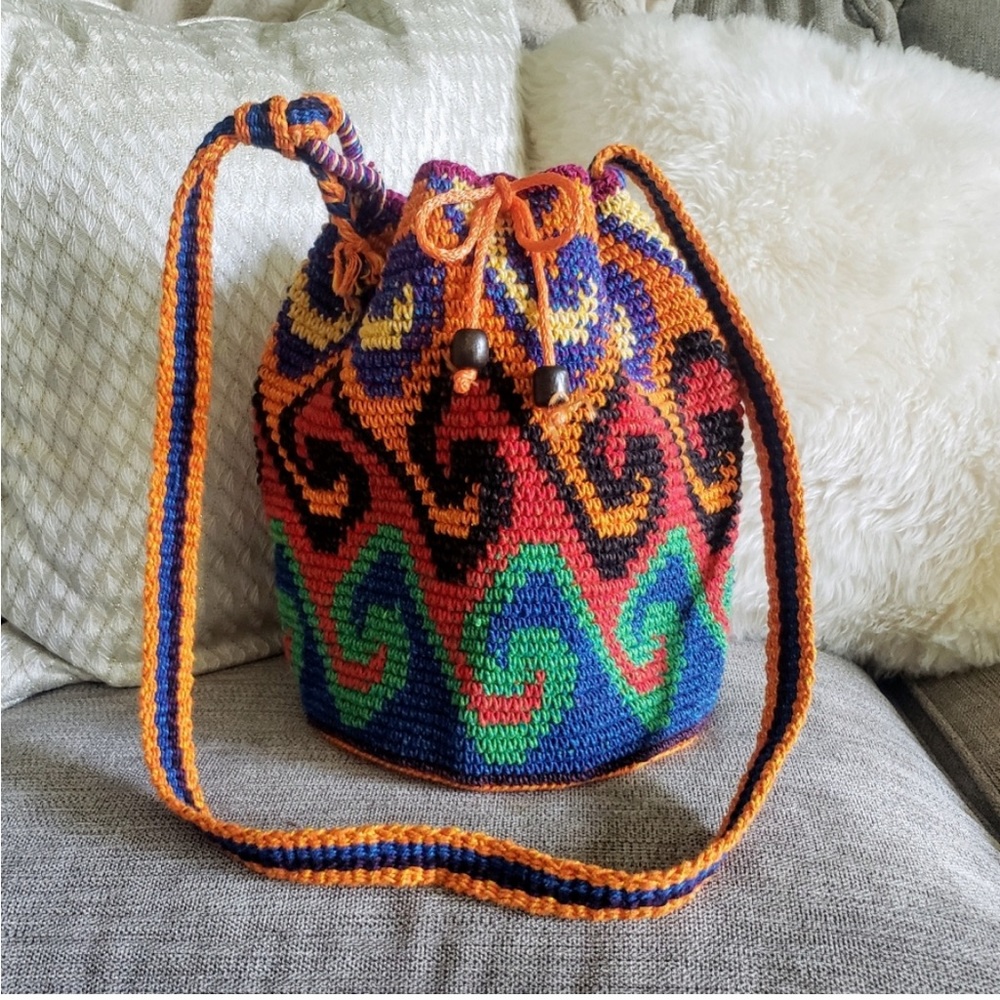 Handmade Knit Tribal Wave & Sun Bucket Bag